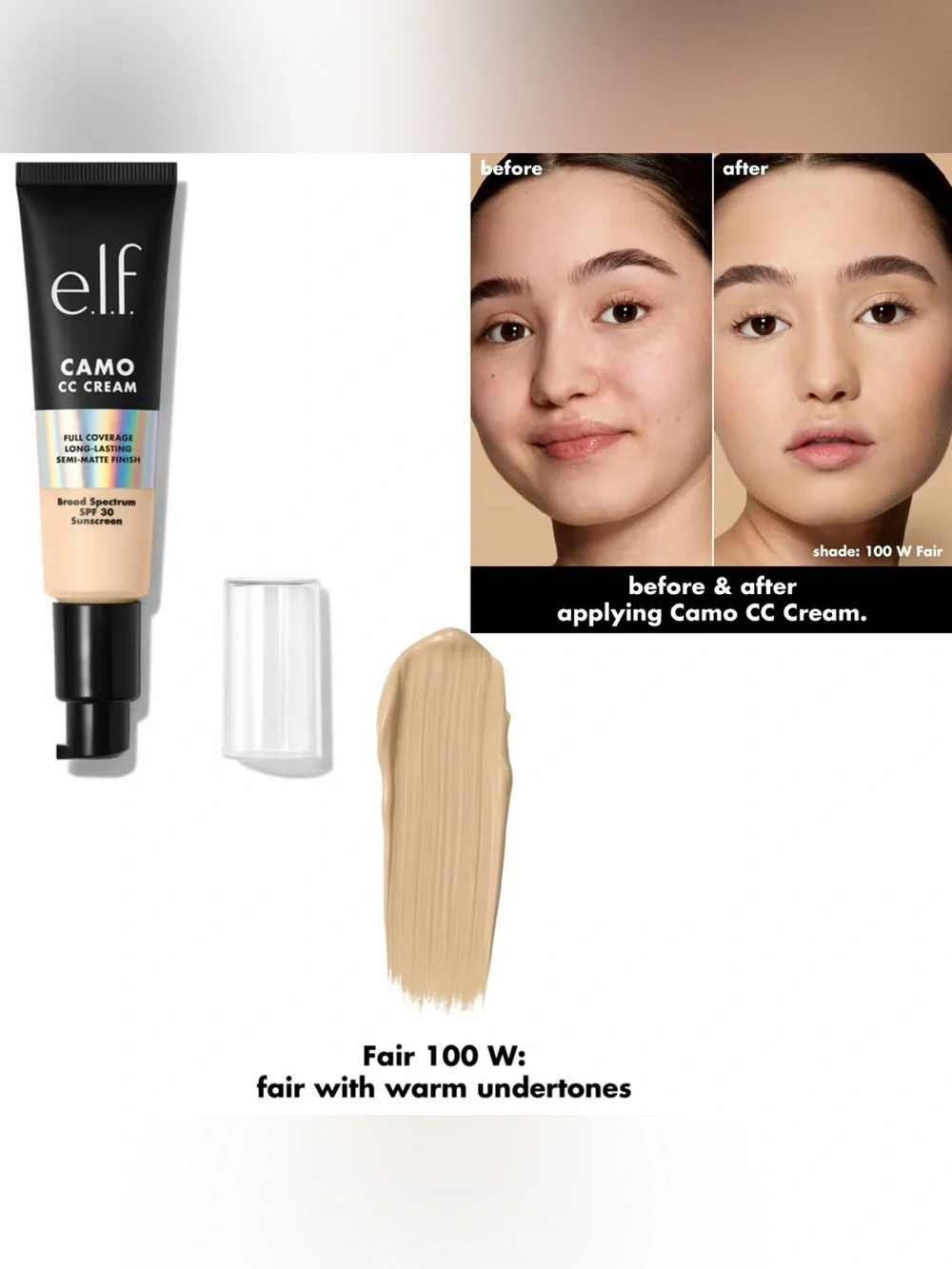 e.l.f. Camo CC Cream Foundation (Fair 100 W - exp: 06/2027) NIB 30 g / 1 oz